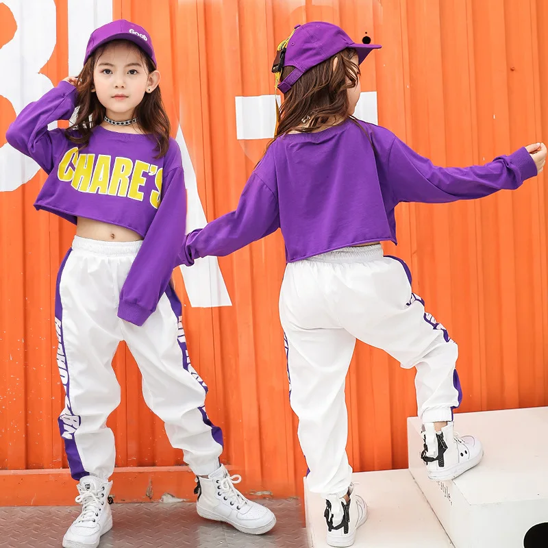 Kid Cool Hip Hop Clothing Sweatshirt Crop Top Long Sleeve T Shirt Tee White Jogger Streetwear Pants for Girls Jazz Dance Clothes
