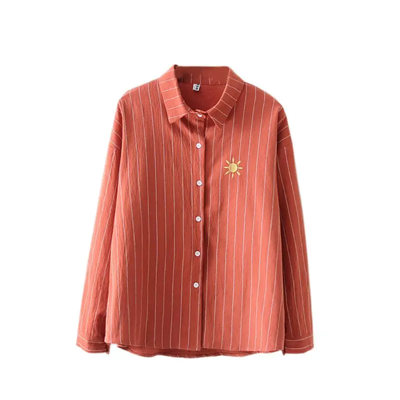 النساء التطريز قميص مخطط القطن المدرسة البلوزات مكتب السيدات قمم الإناث Blusas زائد حجم فضفاض العمل قميص الخريف النساء التطريز قميص مخطط القطن المدرسة البلوزات مكتب السيدات قمم الإناث Blusas زائد حجم فضفاض العمل قميص الخريف