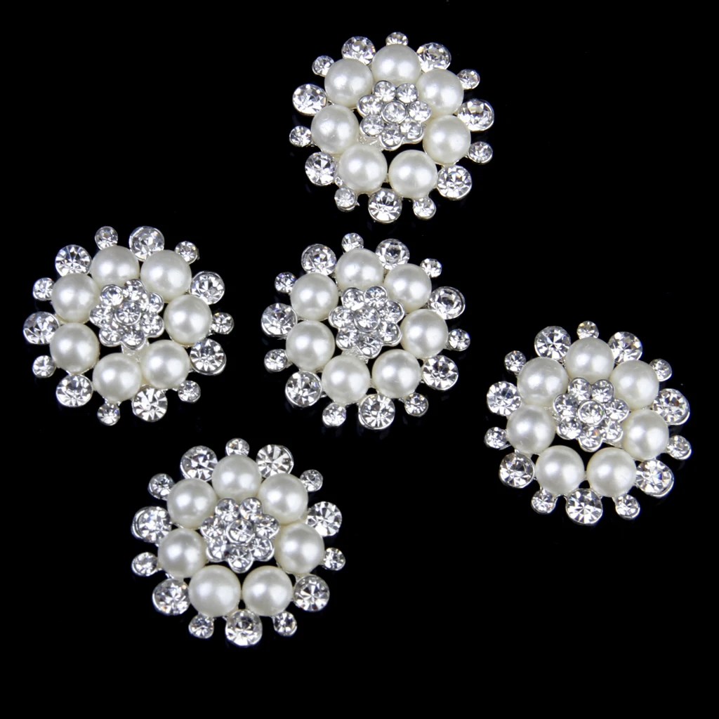 5 Pieces Crystal Rhinestone Pearl Flower Button Flatback DIY Sewing Craft 30mm