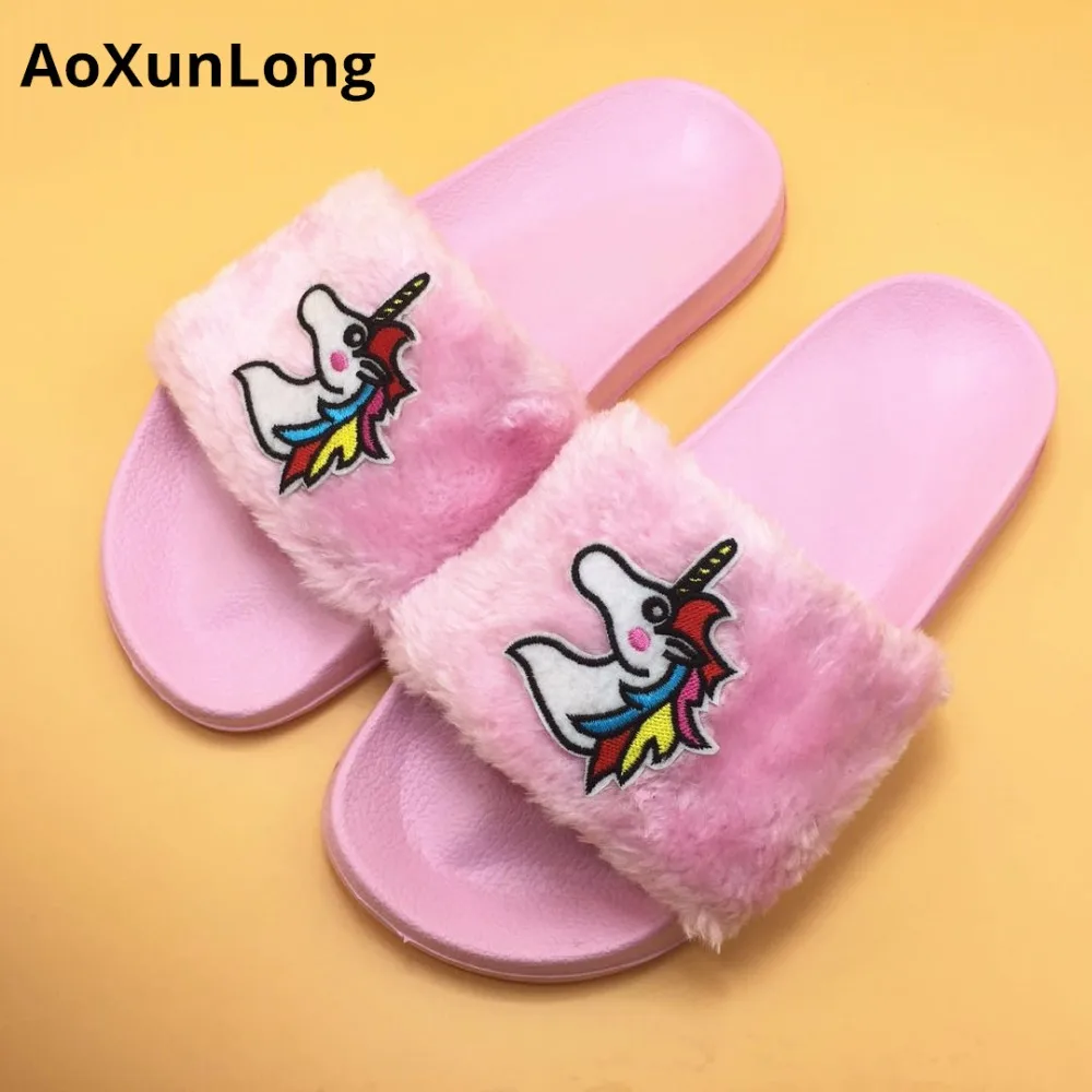 

AoXunLong Women furry Lovely Unicorn Slippers Women Non-slip Home Slippers Pink Black Indoor Slippers Women Unicornio EU 36-41