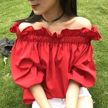 RufflesNew Женская Корейская версия фонари рукавом пикантные эластичные Slash средства ухода за кожей Шеи T20180319