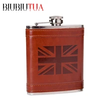 BIUBIUTUA 7oz Pocket Hip Flask The Union Flag Printed Leather Covered Stainless Steel Flask For Alcohol Christmas Gifts