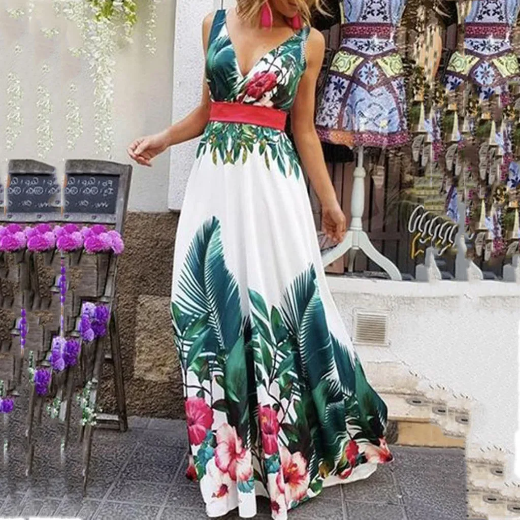 

new design Hot Fashion Bohemia Dress French style Plus size Women Summer V-Neck Sleeveless Collect Waist Print Maxi Dress