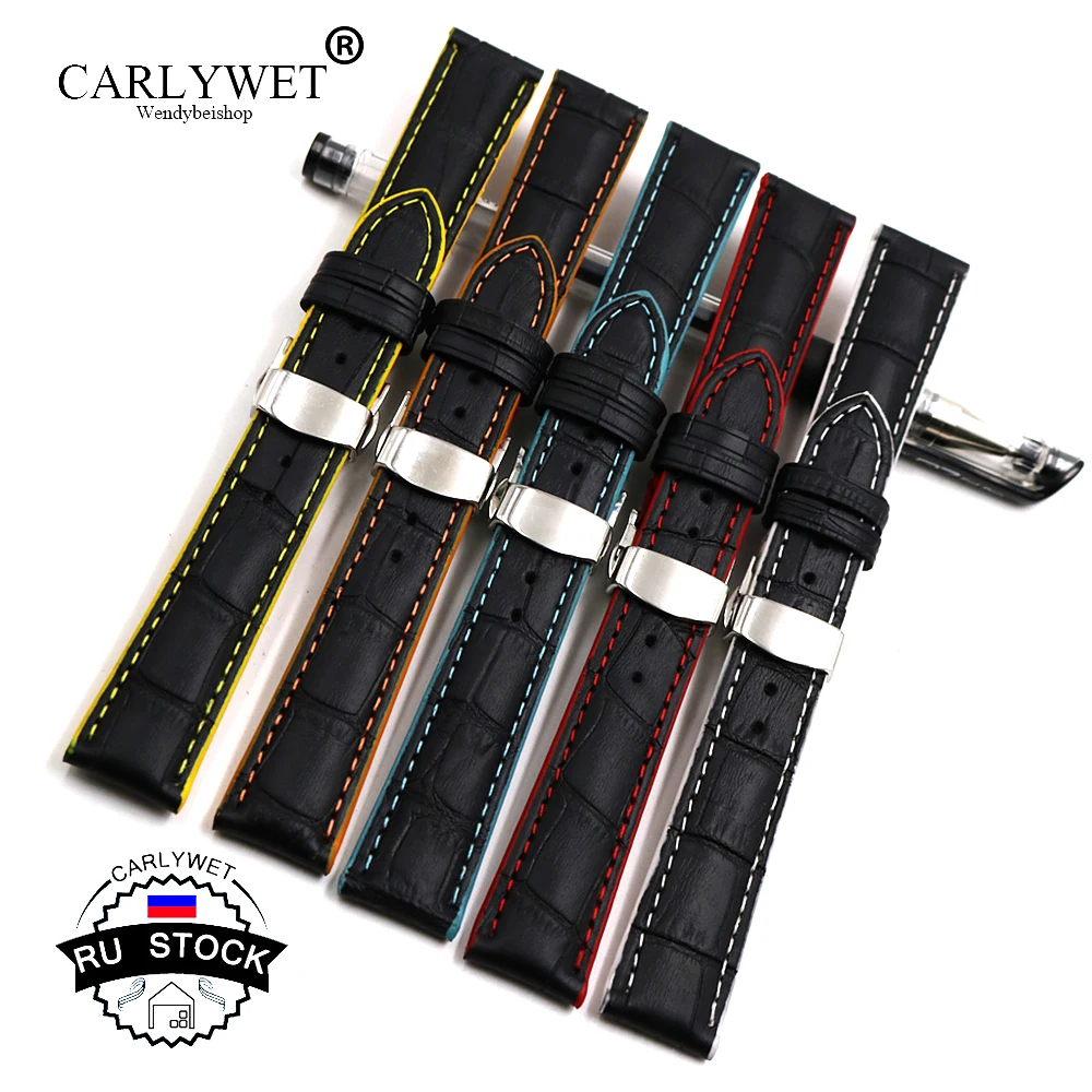 

CARLYWET RU STOCK 18 20 22mm Leather Black Handmade Replacement Wrist Watch Band For Omega Rolex Panerai Tag IWC Patek Tudor