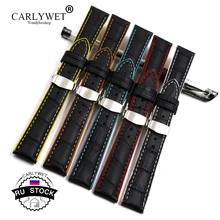 CARLYWET RU STOCK 18 20 22mm Leather Black Handmade Replacement Wrist Watch Band For Omega Rolex Panerai Tag IWC Patek Tudor carlywet 22mm new genuine leather black brown crocodile grain strap wrist watch band belt pin buckle for panerai omega iwc tag