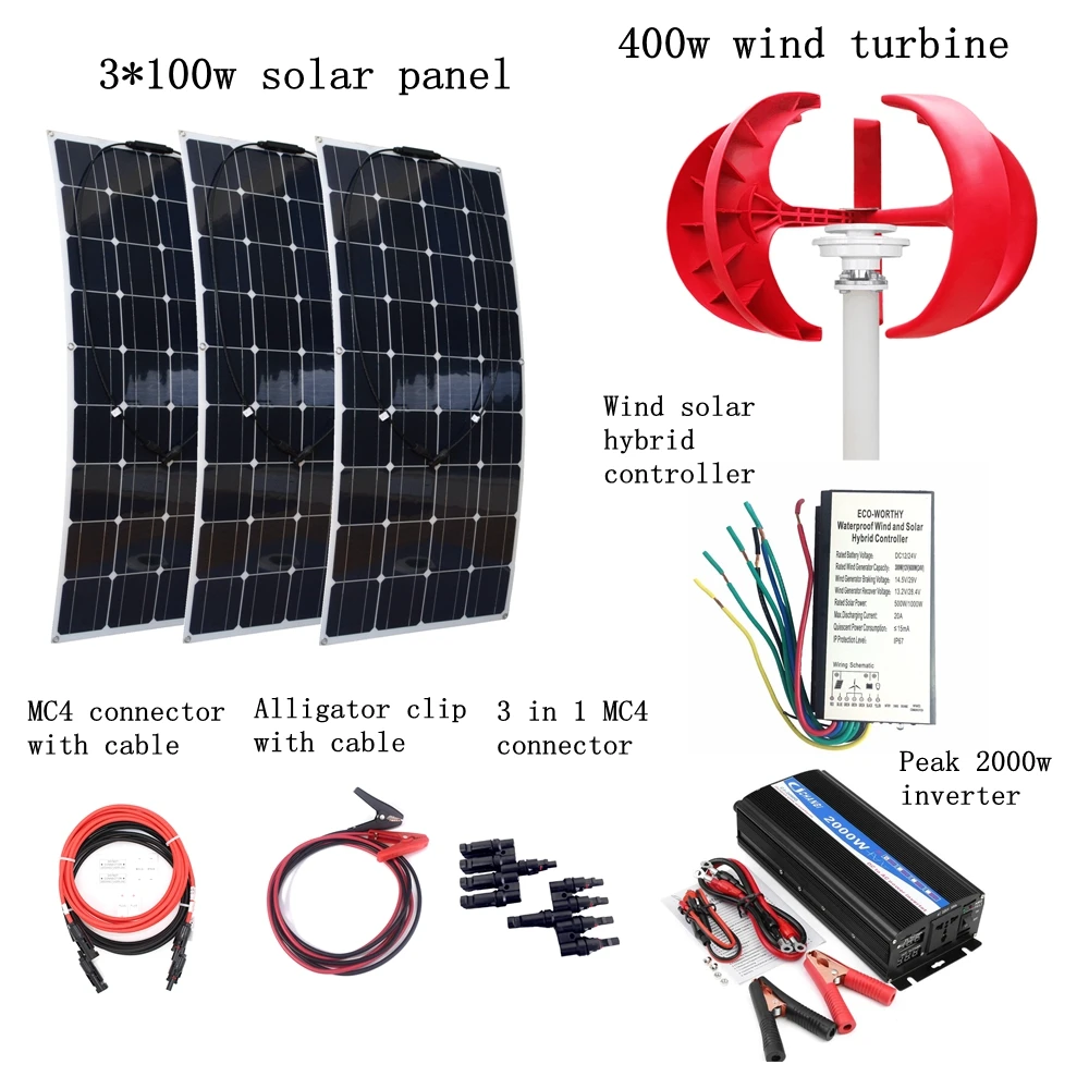 3pcs 100W Flexible Solar Modules + 400W Vertical Wind Generator with 2000W Inverter and Controller 700W Wind Solar Power System semipotent rings and modules