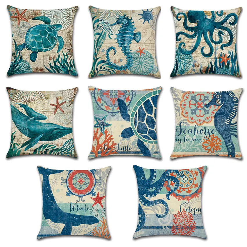 

Nautical Pillow Covers Throw Pillow Case Sea Theme Decorative Cotton Linen Coastal Cushion Cover for 18 X 18 Inch Pillow Insert
