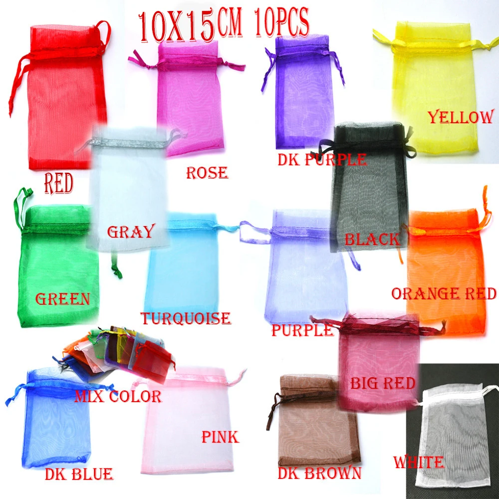 10pcs/bag Selection 16 Colors Jewelry bags 10x15cm organza jewelry