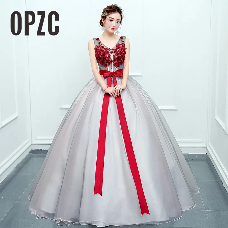 

2018 Sweetheart colorful long Evening Dress Sleeveless Ball Gown with Jubilant Red Flowers and Bow for Host of Annual Meeting