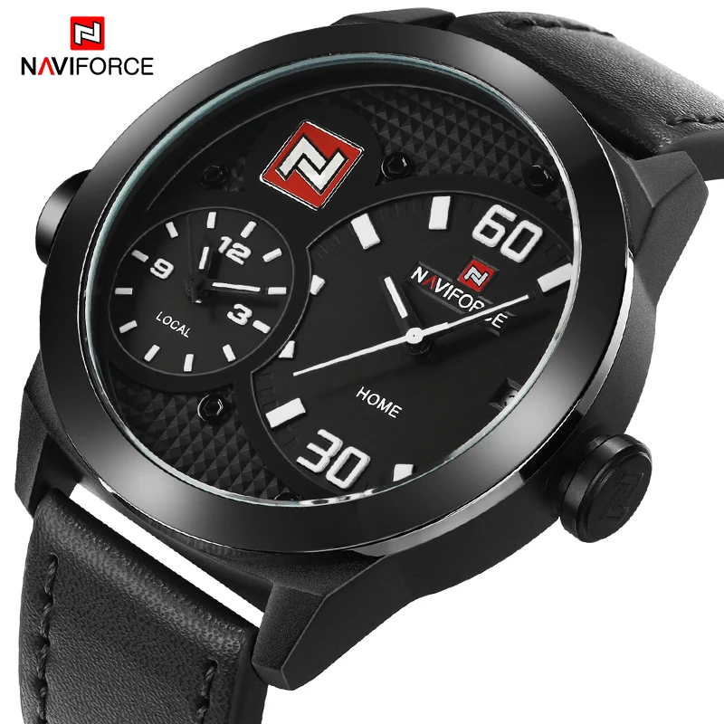 Naviforce Для мужчин Спортивные часы модные роскошные Лидирующий бренд Dual Time Повседневные часы кожаный ремешок Водонепроницаемый часы Relogio Masculino