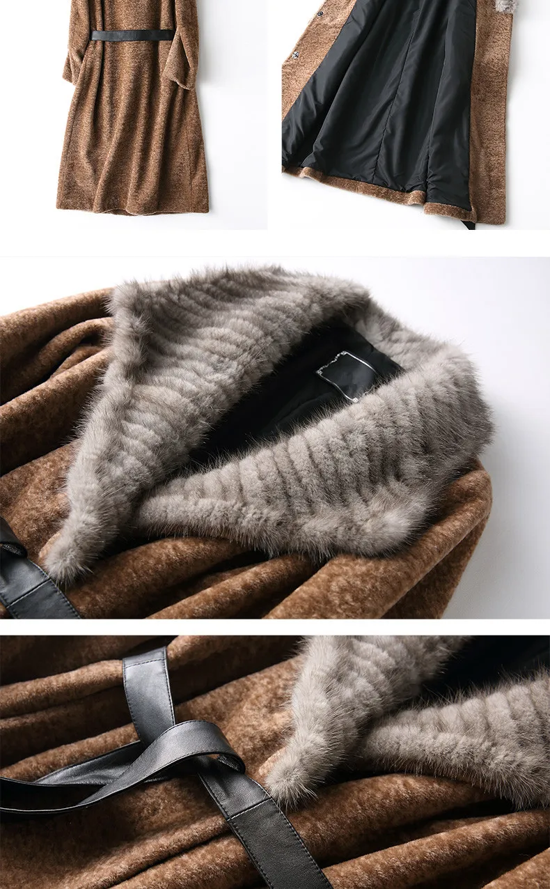 AYUNSUE Роскошная овечья шуба женская толстая зимняя куртка женская шерстяная шуба натуральный норковый меховой воротник Длинная тонкая верхняя одежда 17069