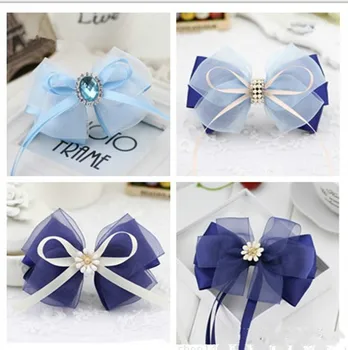

New Arrival Fashion Women Handmade Bowknot Blue Rhinestone Ribbon Bow Office Lady Lace Hair Clip Hair Rope