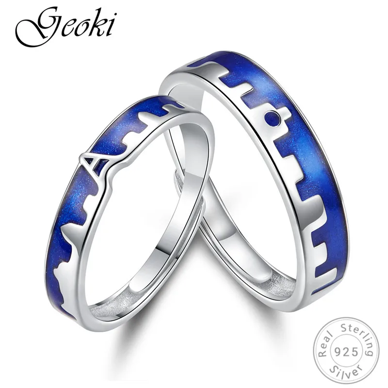 

Geoki 925 Sterling Silver Blue City Wall Meet Love Couple Rings Original S925 Classic Enamel Lovers' Story Wedding Ring for Girl