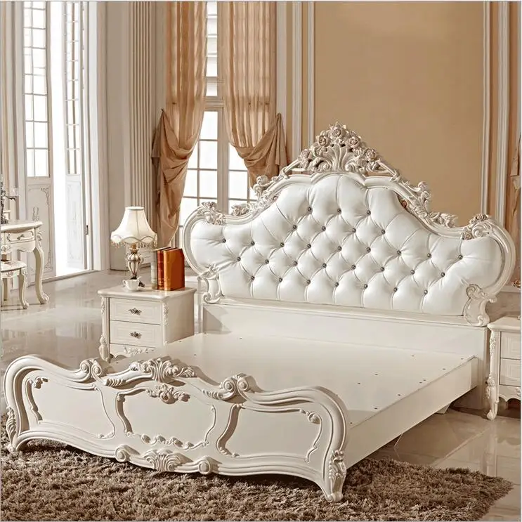 Современная Европейская твердая деревянная кровать модная резная кожаная французская мебель для спальни 10047