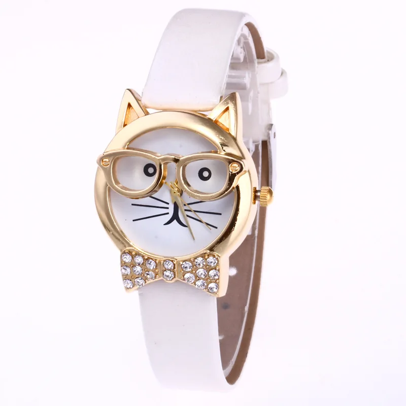 5 цветов мультфильм кошка красивые детские часы Мода Принцесса кожаный ремешок кварцевые часы Дети девушки студент повседневные часы Relogio - Цвет: white