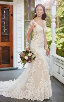 شراءالفاخرة الدانتيل 2019 فساتين الزفاف المحكمة قطار V الرقبة أنيقة زائد حجم Vestido دي Noiva العروس طويلة الأكمام مع أزرار XY010