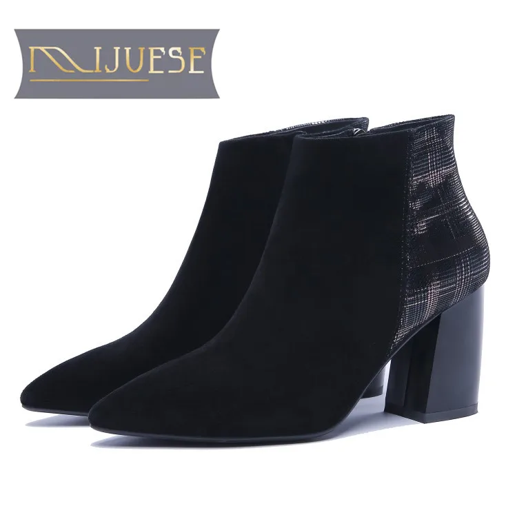

MLJUESE 2019 women ankle boots kid suede mixed colors zippers pointed toe autumn spring high heels martin boots size 34-42