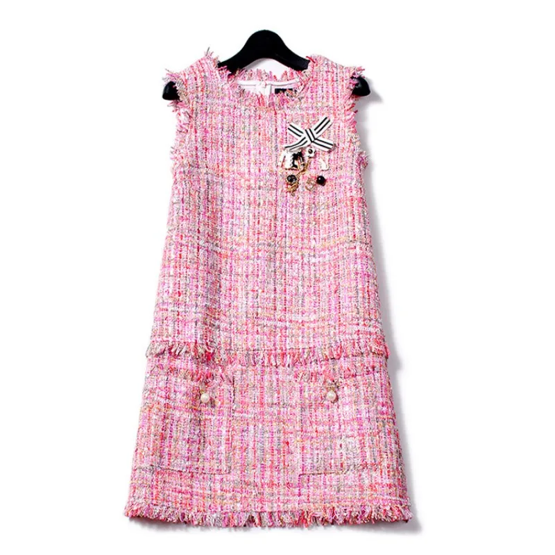 

2019 New Runway Small Fragrant Ladies Dress Women Winter Luxurious Beading Appliques Tweed Wool Sleeveless Vest Mini Dresses