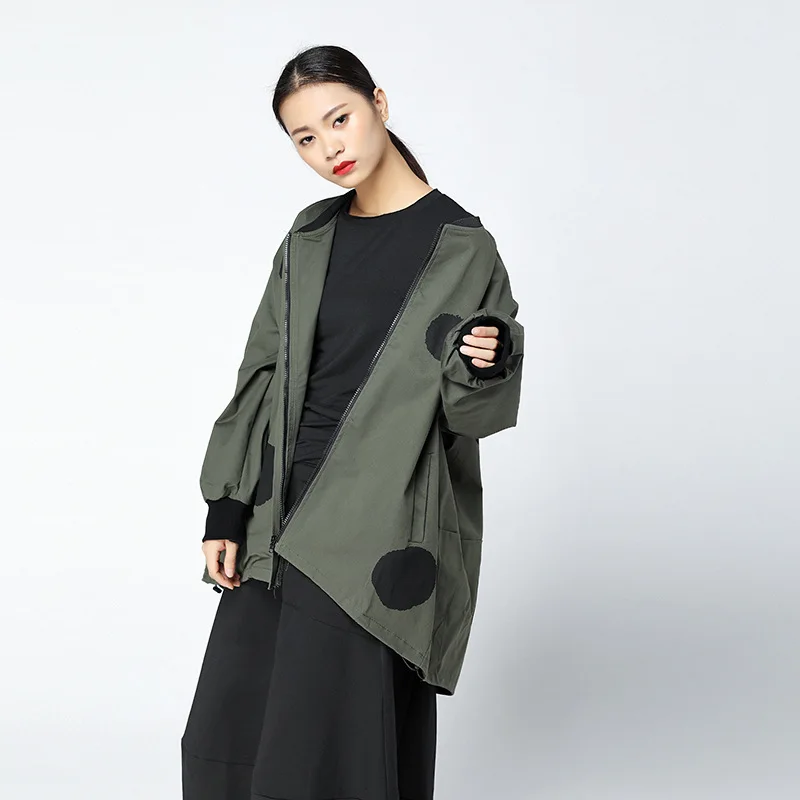 Mode O Irrégulière Corée Casual Xww949 Lâche 2017 Tranchée Femelle cou Dot Automne Femmes Manches Motif Xww949 Manteau xitao Pleine Black army Green Nouveau pwI6qqa