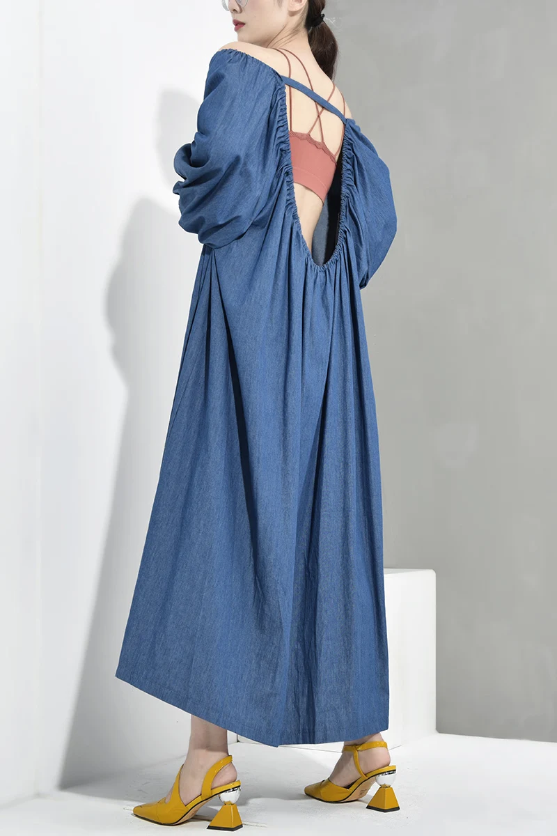 [EAM] Новое весенне-осеннее Синее джинсовое длинное платье с круглым вырезом, длинным рукавом и открытой спиной большого размера Женская мода JT6990