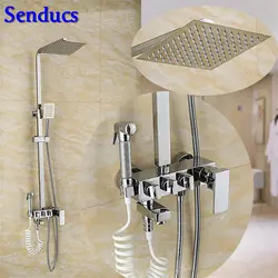 Senducs квадратная ливневая для ванной набор для душа с роскошной четырехкнопочный латунь ванная комната душевые системы качества Хром Набор