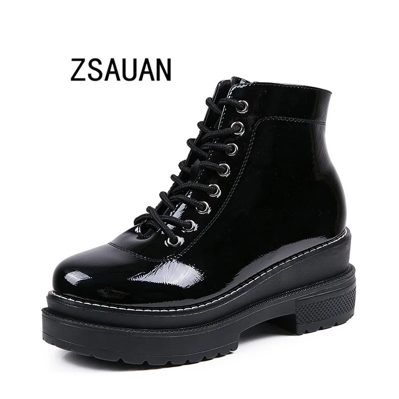 

ZSAUAN 2019 Spring Autumn Winter Patent Leather Women Boots Solid Waterproof Platform Ankle Lace-up Round Toe Women Boots