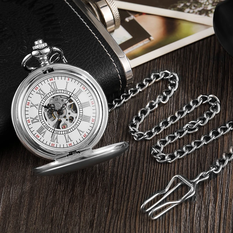 Роскошные Серебристые Механические карманные часы с гладким циферблатом, мужские часы с римскими цифрами, часы с цепочкой и скелетом, роскошные часы в стиле ретро