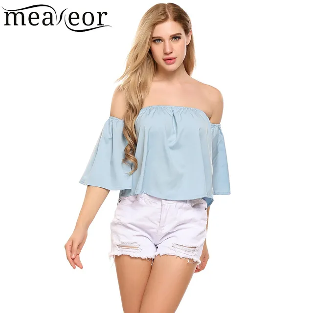 Meaneor Sexy Off-shoulder Solid Short Crop Tops 2018 New Slash Neck Flare Medium Sleeve Club Tops Women Casual Pullover Crop Top