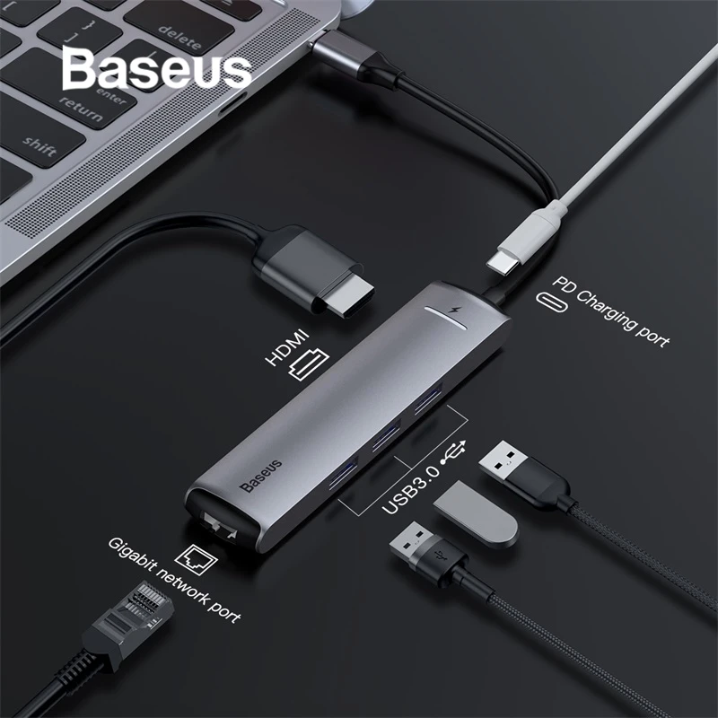 

Baseus 6in1 HUB Adapter USB Type C to USB 3.0 HDMI RJ45 for MacBook Pro HUB USB Splitter for Huawei Matebook Computer Accessory