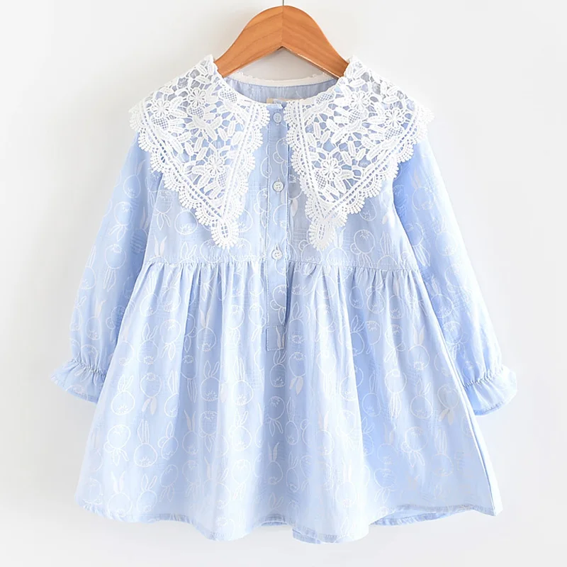 

Girls Dresses 2019 Autumn New Children's Clothing Girls Sweet Openwork Lace Lapel Bunny Print Long-Sleeved Comfortable Dress