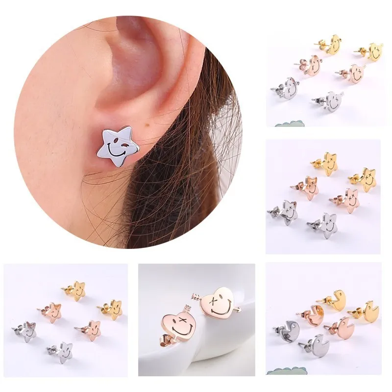 

RIR Star Stud Earrings Small Minimalist Statement Earrings For Women Small Cute Emoji Face Smile Earrings In Stainless Steel