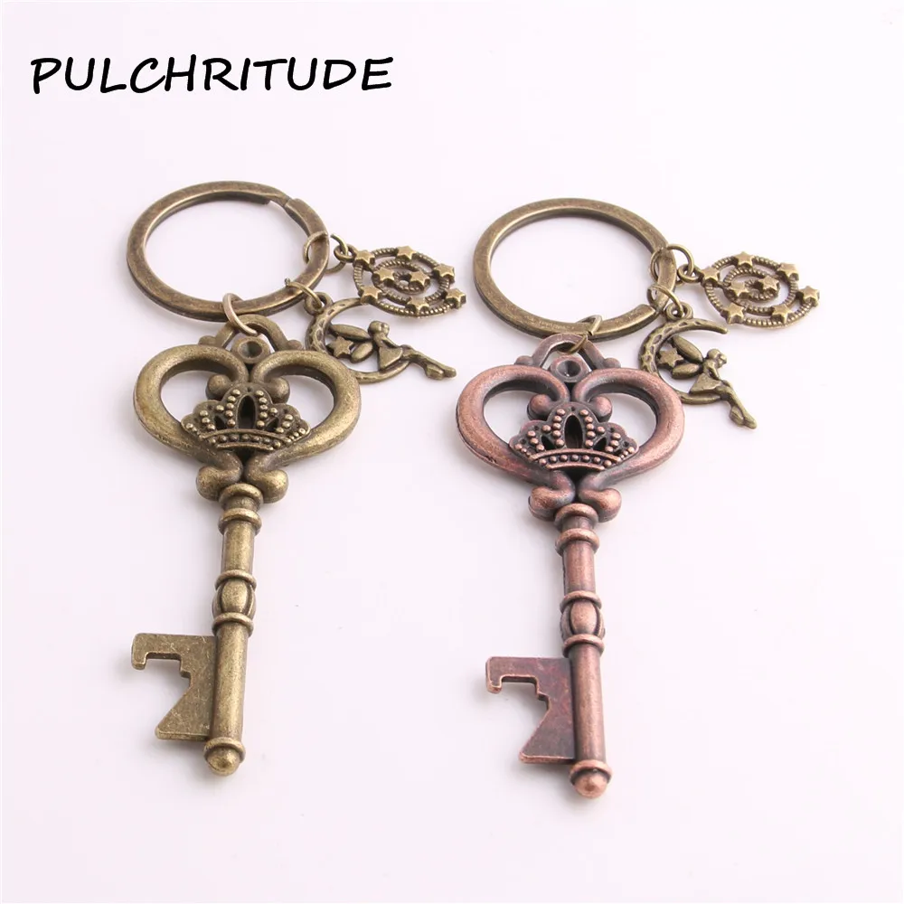 

PULCHRITUDE Metal Alloy Two Colors 2pcs Diy Key Chain Key Shape bottle opener Moon Angel Stars Charm Diy Jewelry Making C1698