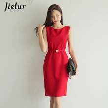 Jielur, офисное женское платье, красное Kpop, повседневная рабочая одежда, сексуальный сарафан, женская летняя мода, с поясом, винтажные платья, Vestidos De Fiesta