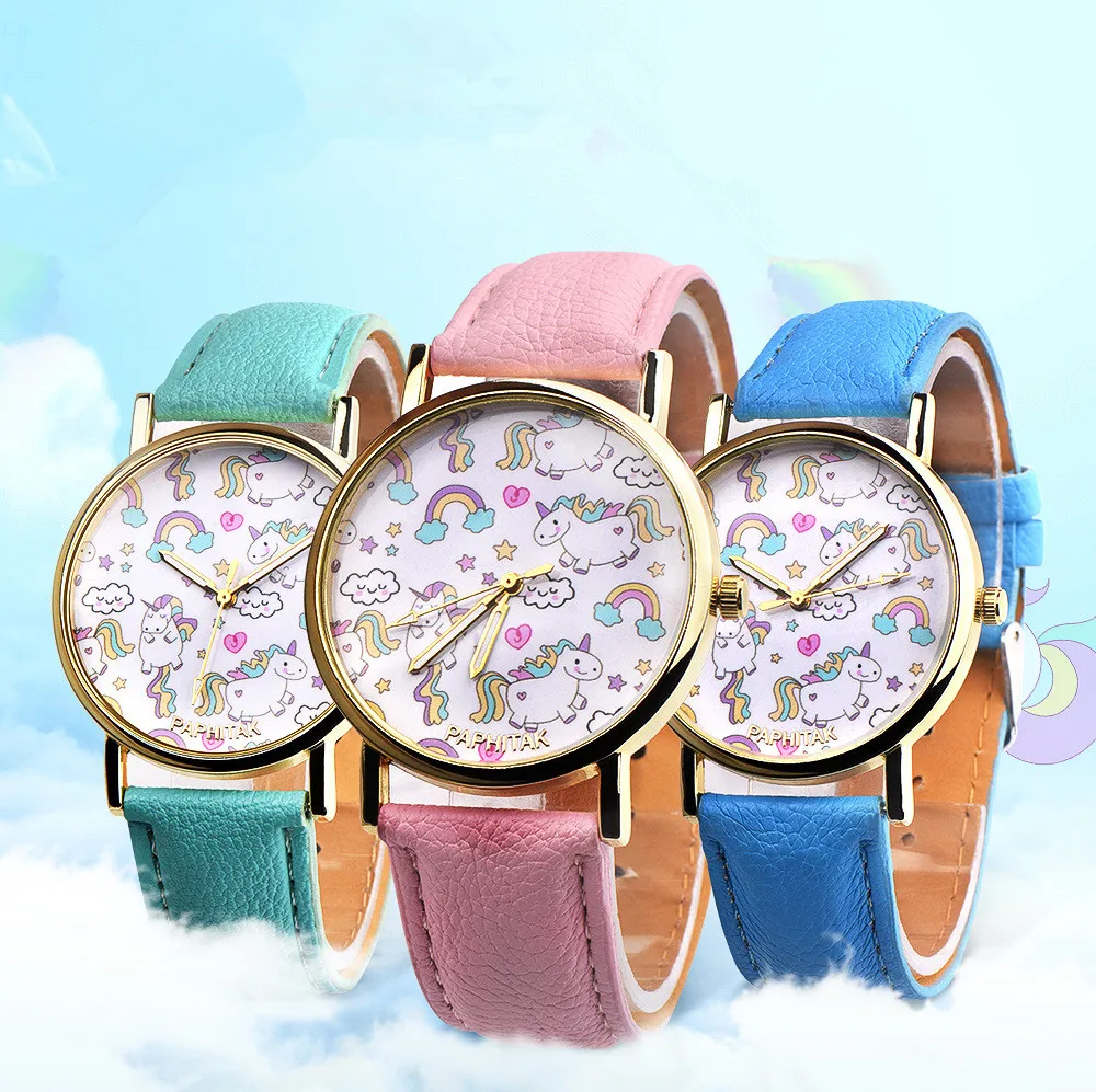 Cute Kids Watch Cartoon Unicorn Leather Strap Wristwatch Classic Digital Girl Boy Watch Child