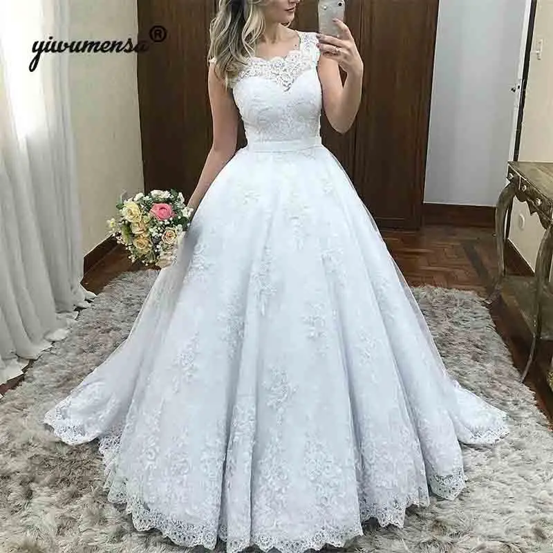 

Scoop Neck Wedding Dress 2019 Robe De Marriage Bridal Dresses Plus Size Appliques Wedding Gowns Custom Made Vestido De Novias