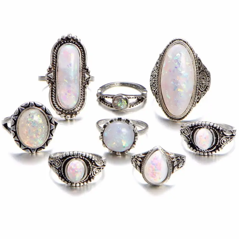 Фантастические 8 шт. ювелирные кольца в стиле бохо, серебряные кольца с натуральным имитацией лунного камня маркизы, персонализированное кольцо, роскошные украшения Anillos