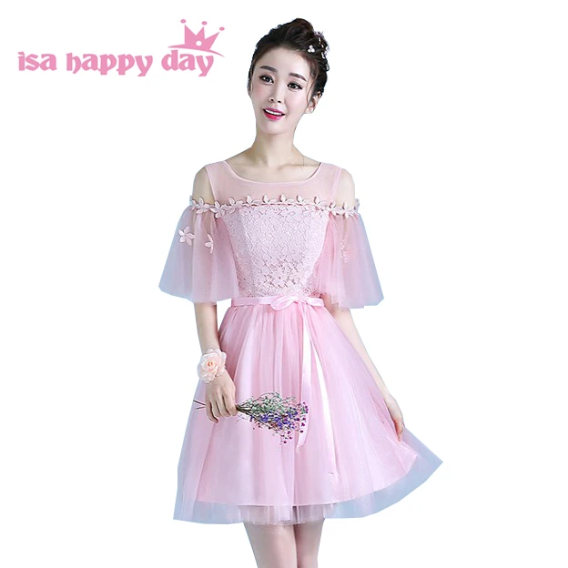 

elegant half sleeve teen short pink bridesmaid birthday party dresses tulle knee length dress classy for wedding guest H4296