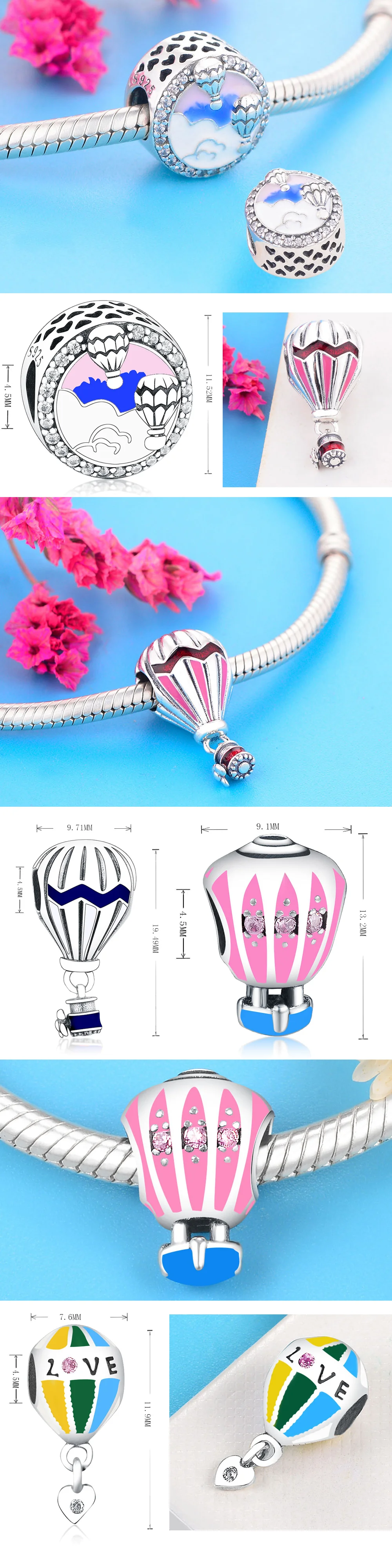 Genuine 925 Sterling Silver Hot Air Balloon Collection Charm Dangle Fits Original Pandora Charm Bracelet DIY Jewelry Making