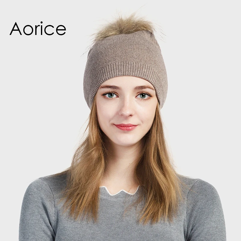 

Pudi women winter warm knitted hat cap beanies with real raccoon fur ball hk702