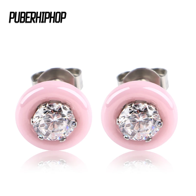 

Round Pink Black White Ceramic Stud Earrings For Women AAA Big Crystal CZ Pink Women Earrings Jewelry Wedding Women Wholesale