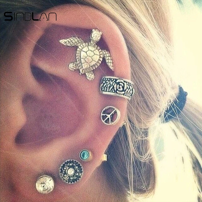 

Sindlan 6pcs/set Ethnic Wind Bohemian Sculpture Flowers Ear Clip Vintage Turtles Peace Symbol Charm Crystal Stud Earrings Women