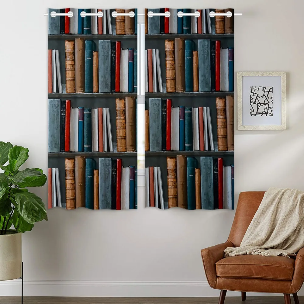 

HommomH Curtains (2 Panel) Grommet Top Darkening Blackout Room Wood Grain Bookshelf Blue