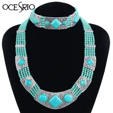 Ocesrio sistemas de la joyería bohemia de la vendimia azul turquesa de plata grandes choker collar de perlas para las mujeres establece vestidos nke-m36