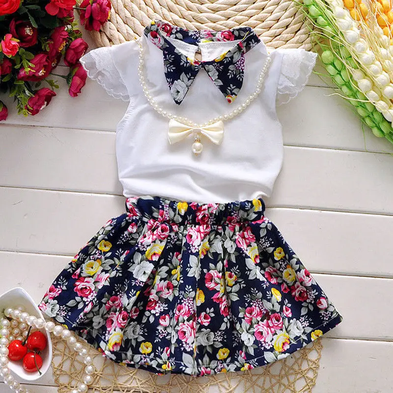 Emmababy Лето бренд новорожденных блузка для маленьких девочек+ юбка с цветочным принтом, комплект из 2 предметов, комбинезон купальник комплект одежды Комплект одежды Одежда для малышей От 2 до 7 лет - Цвет: Тёмно-синий