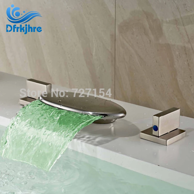 

Free Shipping! Deck Mounted Nickel Brushed Bathroom Basin Faucet 2 Handles Mixer LED Sink Mixer