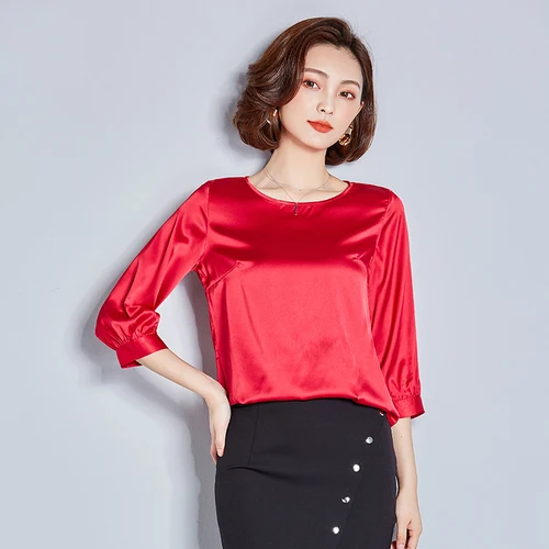 

G308364 New Fashion 2018 Women O Neck Loose All Match Three Quarter Sleeve Basic Shirt Red Black T Shirt