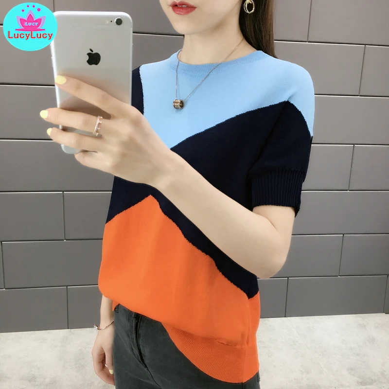 

2019 summer European and American women's new ice knit sweater round neck color matching short-sleeved knit T-shirt