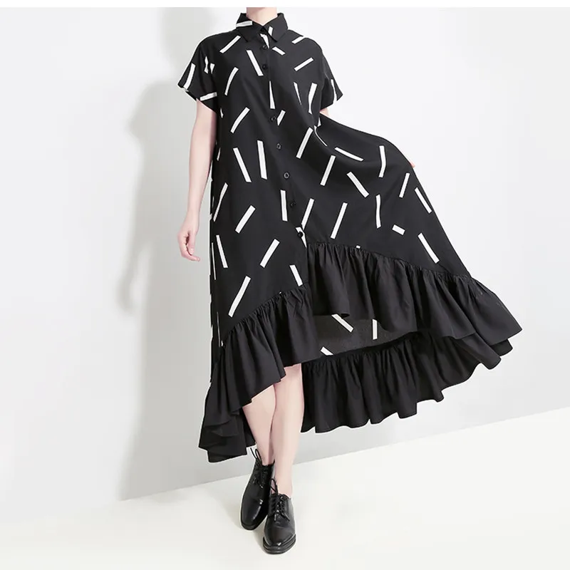

Luxury Designer Brand Dress for Women Turn Down Collar White Striped Irregular Ruffles Loose Mid Calf Black Shirt Dress