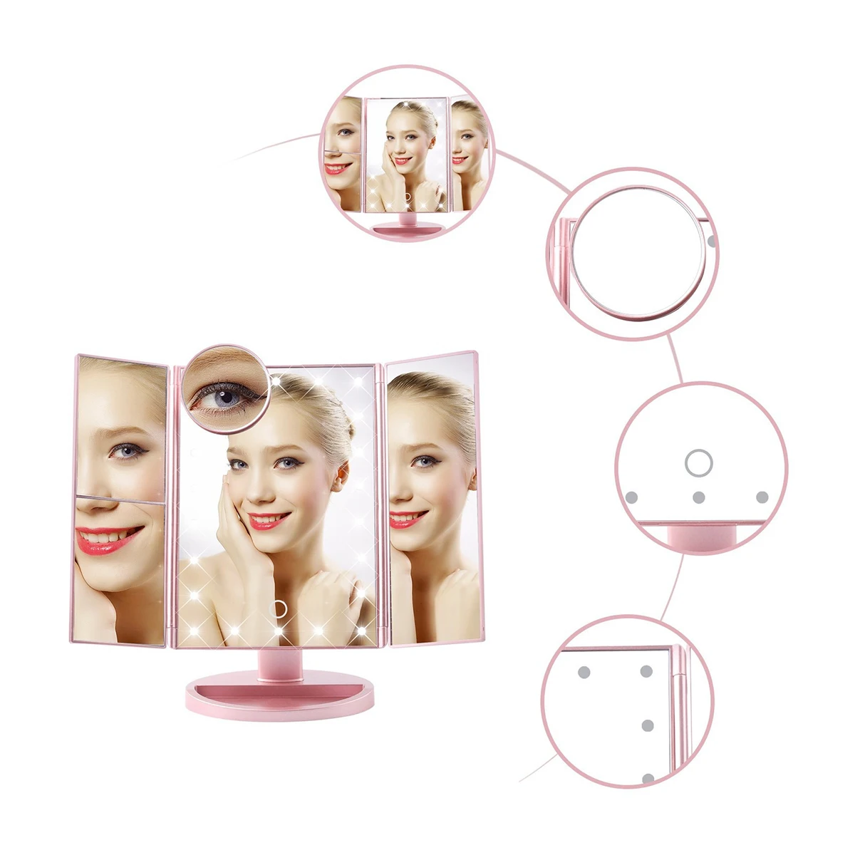 

LED Touch Screen Light Makeup Mirror Table Desktop Makeup Magnifying Mirrors Vanity 3 Folding Mirror USB Charging Bedroom