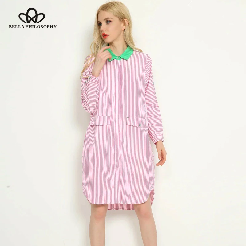

Bella Philosophy spring summer Women 's Pockets Decorative Loose Long Stripe Shirt